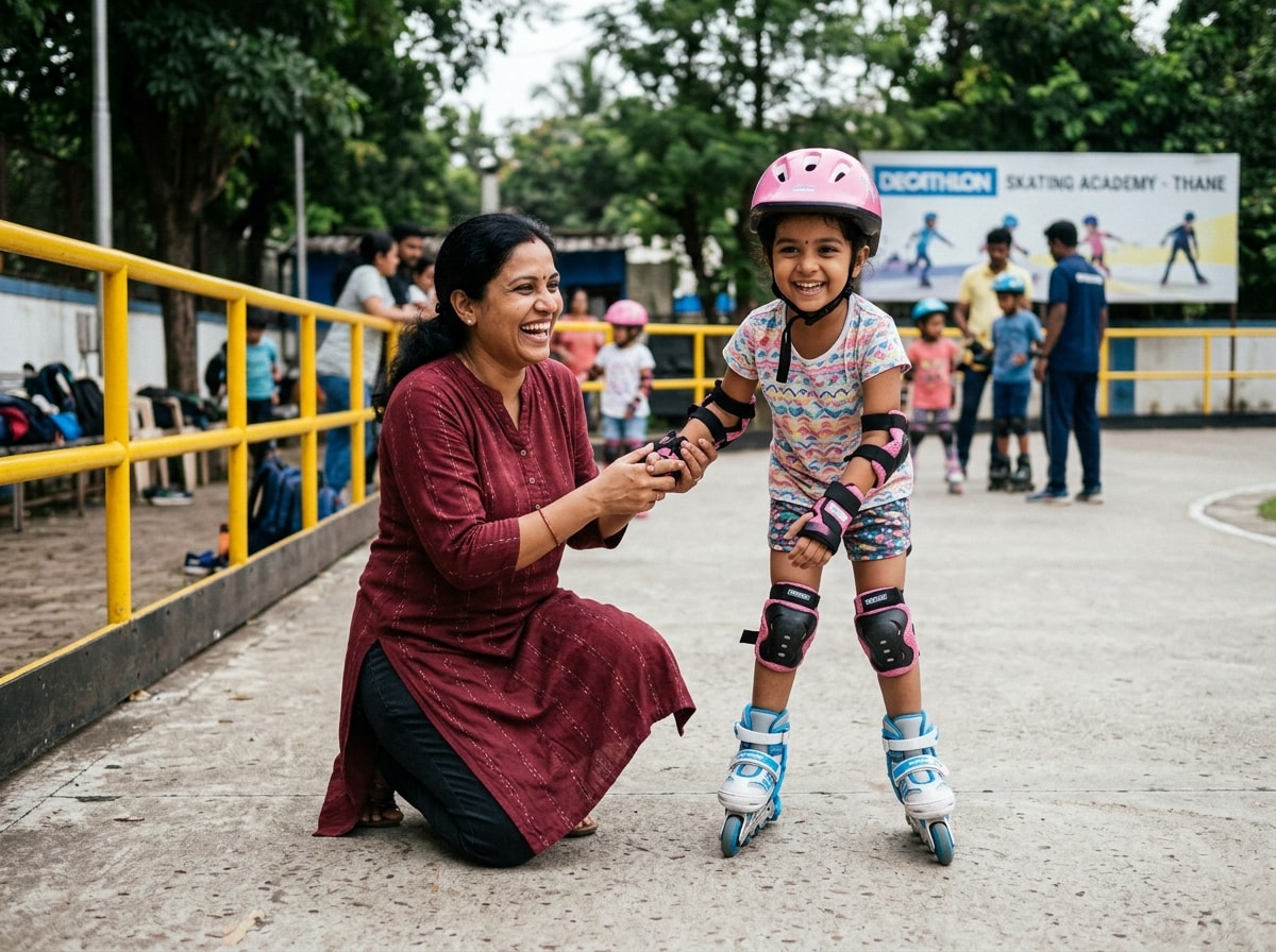 Pintu Sahu with skater child at Universal Skating Academy